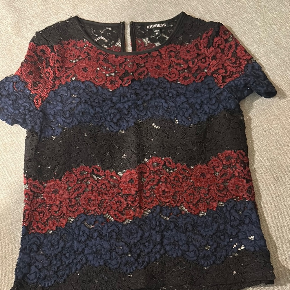 Express Graphic Embellished Blouse Blue Red Short Sleeve